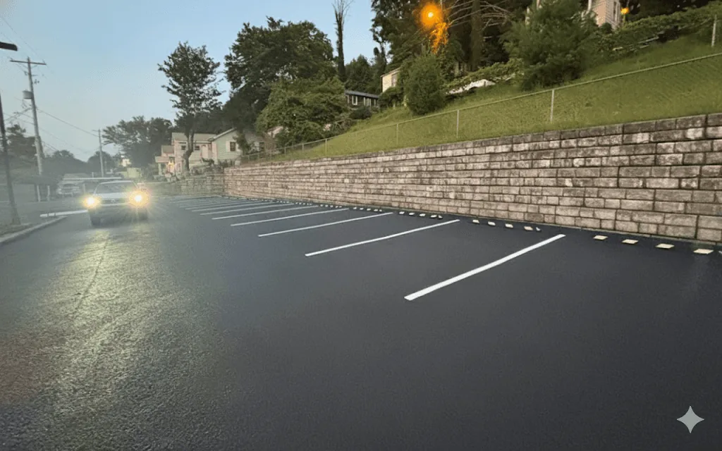Fresh white parking-space markings on dark asphalt beside a retaining wall