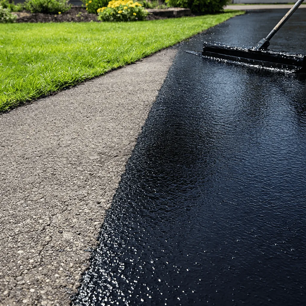 Sealcoat being spread across an asphalt driveway